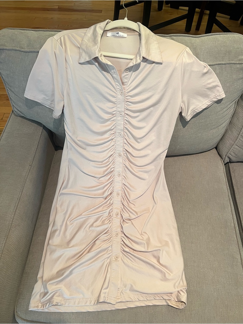 Light Pink Ruched Button-Front Maxi Dress - Classic Collar